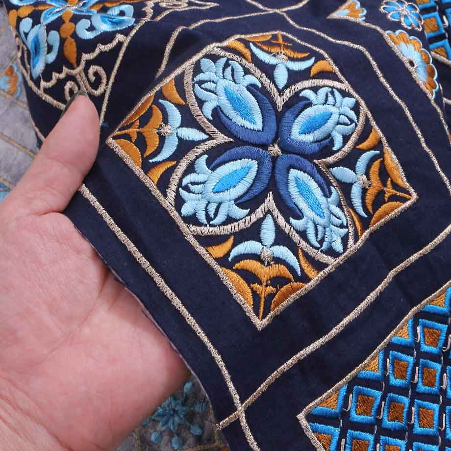 【計り売 36cm-】【 インド 刺繍 生地 (13)  ＊ コットン ネイビー スクエア柄 】 