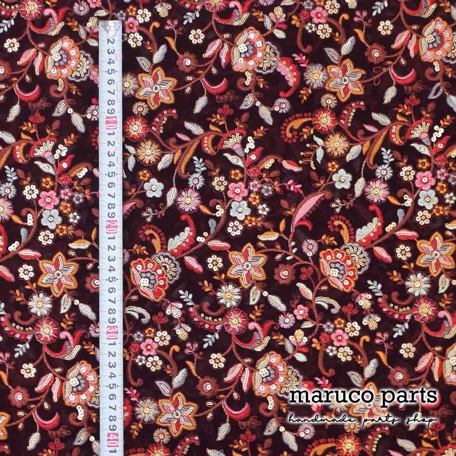 【計り売 30cm-】【 インド 刺繍 生地 (9)  ＊ ワイン フラワー 】