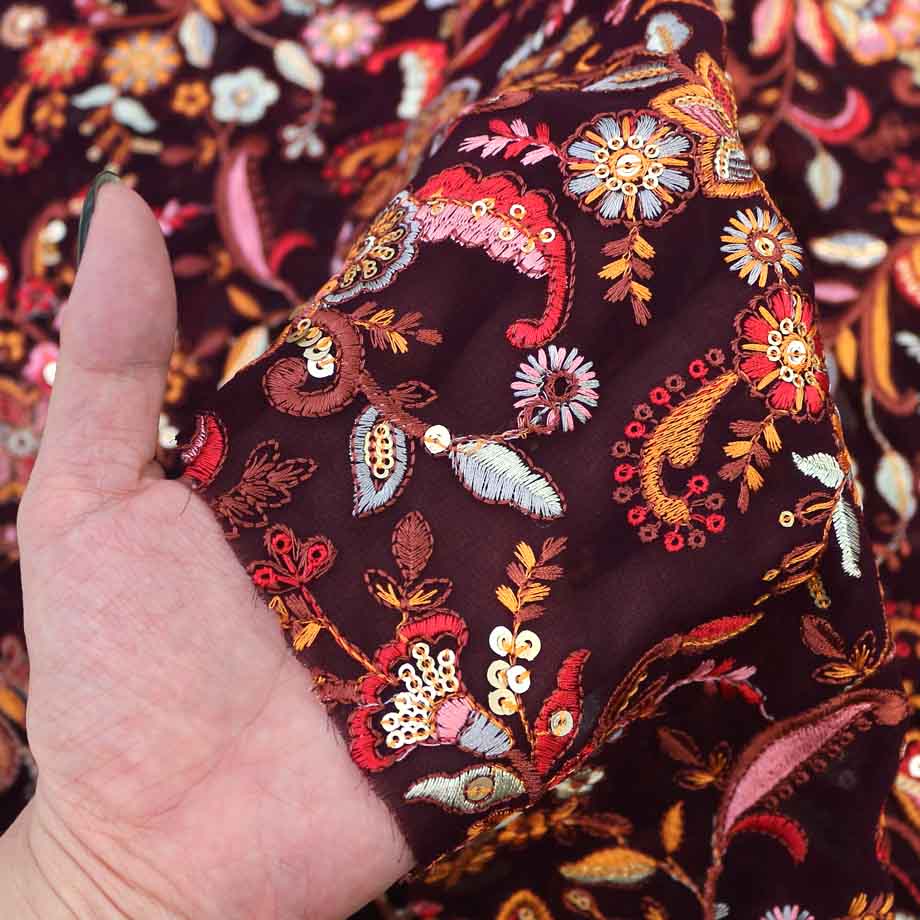 【計り売 30cm-】【 インド 刺繍 生地 (9)  ＊ ワイン フラワー 】
