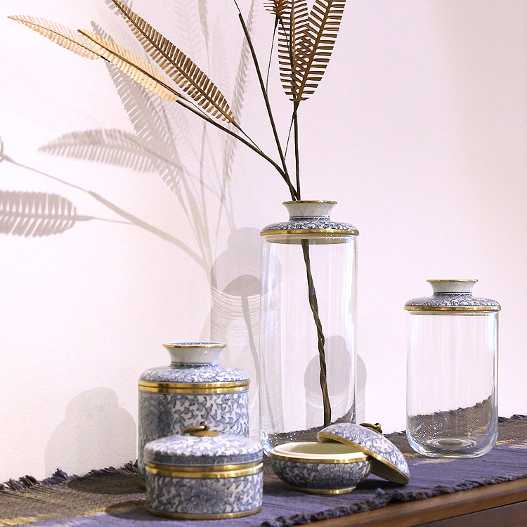 タイ雑貨 小物入れ ティッシュボックス 磁器 ブルー/ゴールド