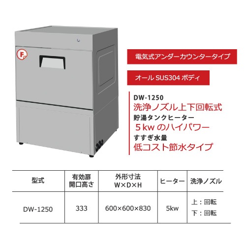 Fクリーン食器洗浄機 食器洗浄機 電気式アンダーカウンタータイプ DW-1250