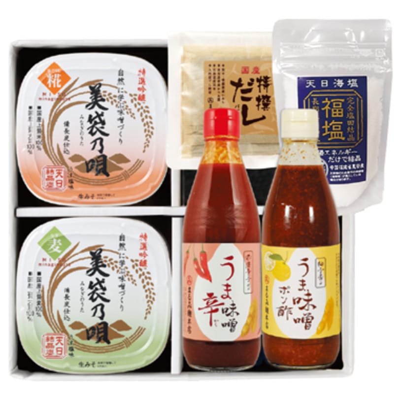 【ギフト・ご自宅用】　美袋乃唄・うま味噌辛・うま味噌ぽん酢・特撰だし・福塩 セット＊　MA-23