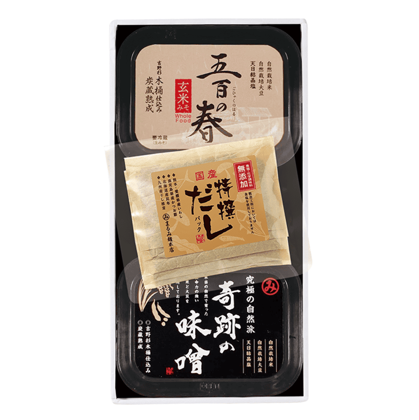 【ギフト・ご自宅用】　五百の春・奇跡の味噌・特撰だしセット＊　MA-14