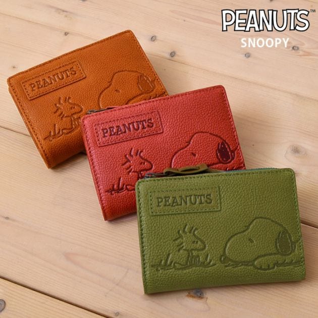 SNOOPY スヌーピー 牛革 本革 二つ折り 短財布 73055 ファスナーコイン入れ 小銭入れピーナッツ レザーウォレット 