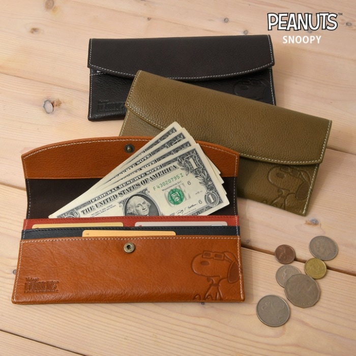 SNOOPY スヌーピー73524 PEANUTS ピーナッツウォレット 牛革 本革 かぶせ長財布 レザー 財布 