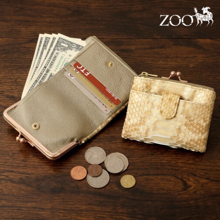 ZOO ズー 日本製 ZMW-041 ヘビ革 がま口 短財布二つ折り財布 ダイヤモンドパイソン 蛇 スネーク 本革 サイフ 鞄 財布 