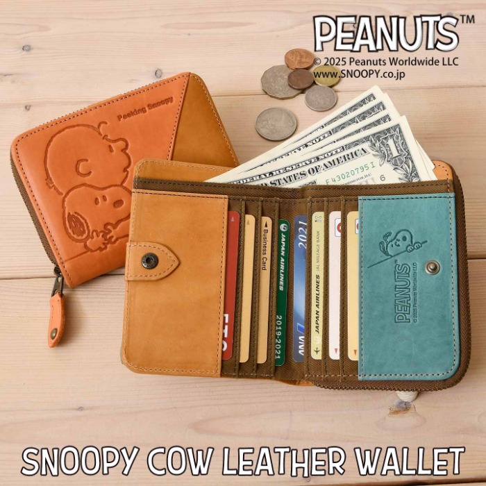 SNOOPY スヌーピー 財布 PEANUTS ピーナッツ 73526 牛革 本革 二つ折り財布 ミニウォレット レザー 短財布