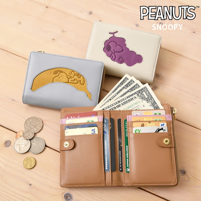 SNOOPY スヌーピー 財布 牛革本革 二つ折り財布 短財布 L字