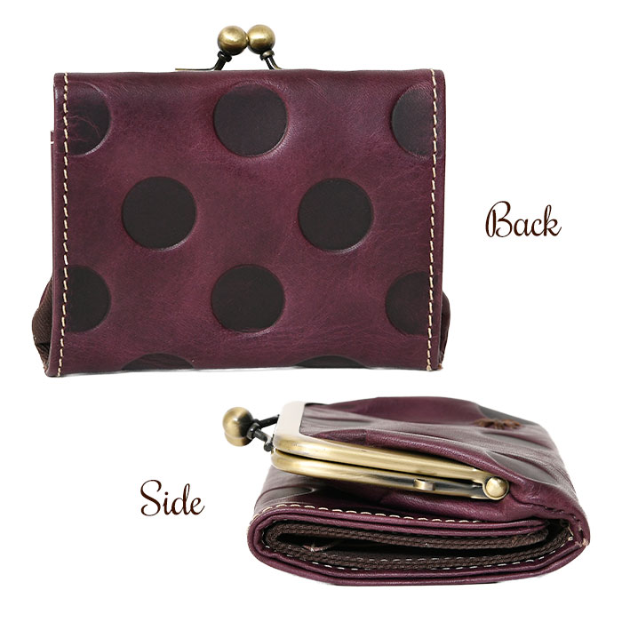 feland フェランド レディース短財布 コ77070 本革牛革フルベジタブルタンニンレザー 水玉 ドットがま口 三つ折り財布