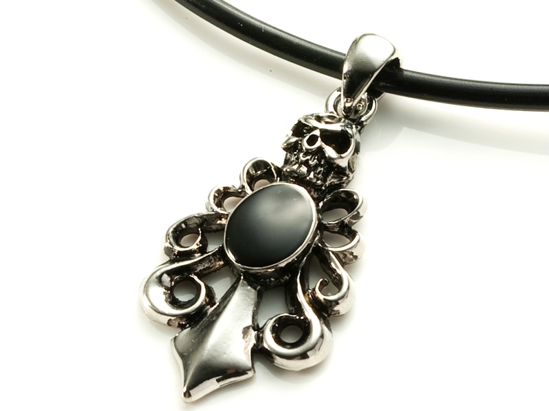メンズネックレス/トライバル スカル ブラックストーン/ブラックレザー