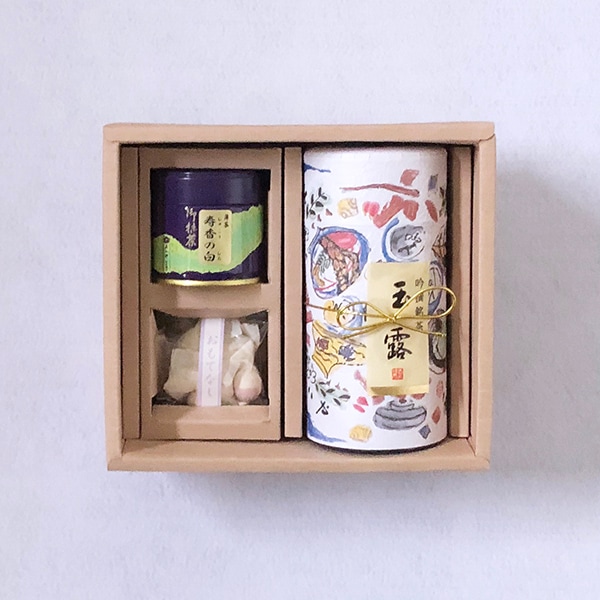 玉露（200g缶入）・ 抹茶寿香の白（30g缶入）・ おもてなし（和三盆）　「O-47」