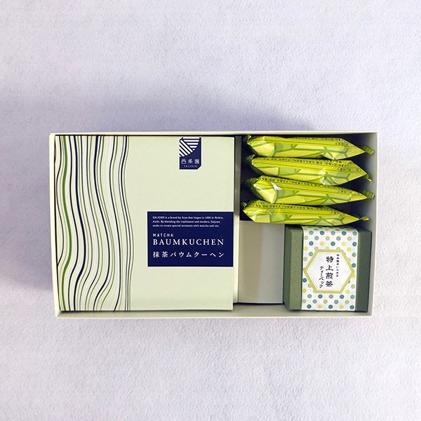 詰め合わせ　抹茶バウムクーヘン1個、抹茶ラスク4袋、特上煎茶のティーバッグ