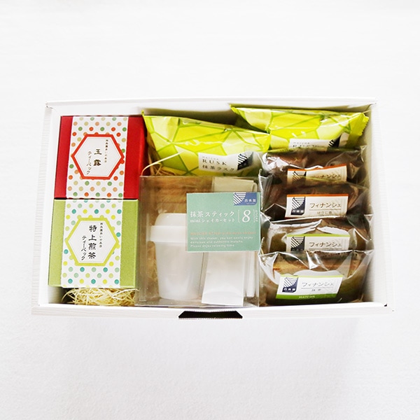 抹茶スティックとティーバッグ・お菓子（ラスク・抹茶フィナンシェ・ほうじ茶フィナンシェ）のギフト（26年6月以降再販予定）