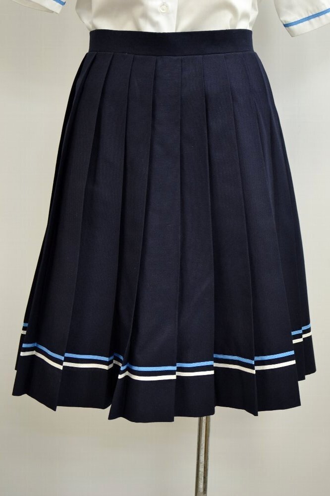 大size 学販 青白2本ライン紺夏プリーツスカート(リメイク品