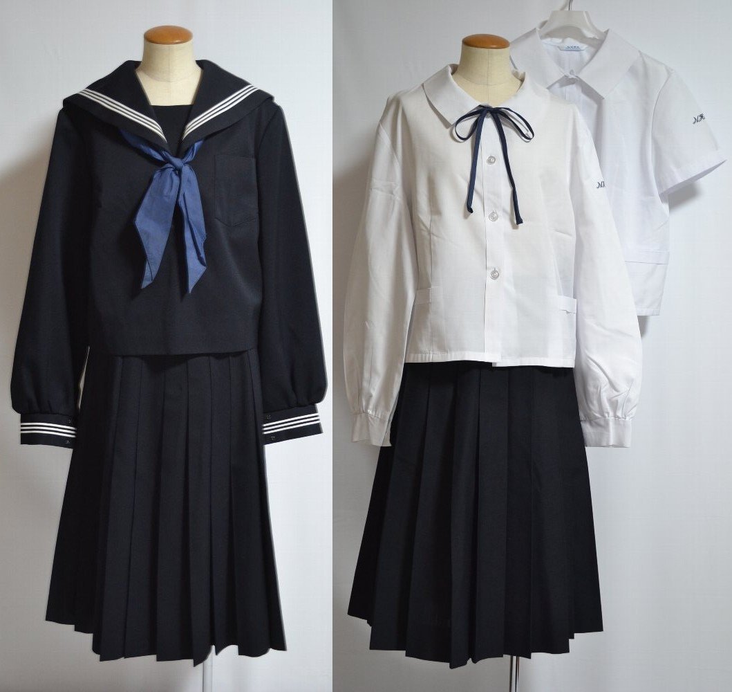 大size 静岡県 黒セーラー冬夏中間服 黒プリーツスカート スカーフ 紐 
