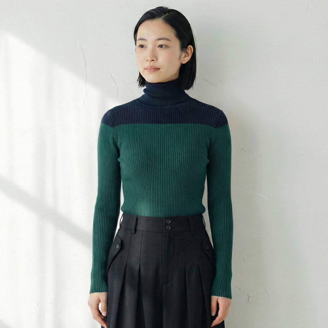 配色タートルネックニット