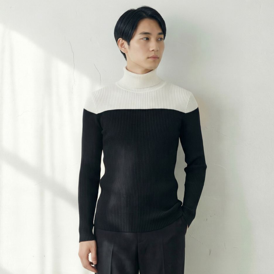 配色タートルネックニット-メンズ
