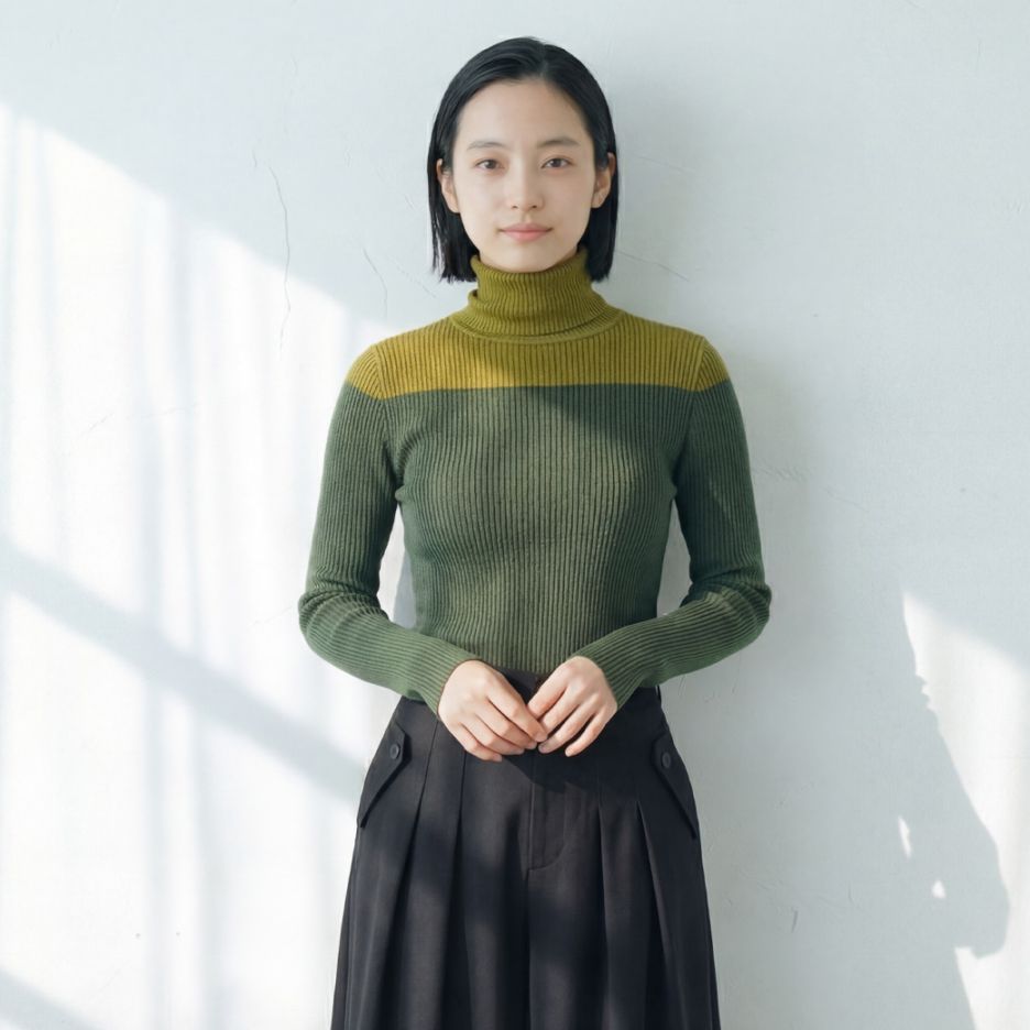 配色タートルネックニット
