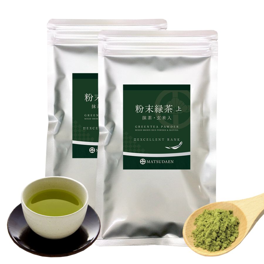 松田園（MATSUDAEN）粉末緑茶（上）100g×2 抹茶・ほんのり玄米入り 国産茶葉100% まろやか 飲みやすい 無添加 無着色 粉末茶 国産 大容量 お寿司屋さんも認めた業務用品質 急須不要 粉砕茶