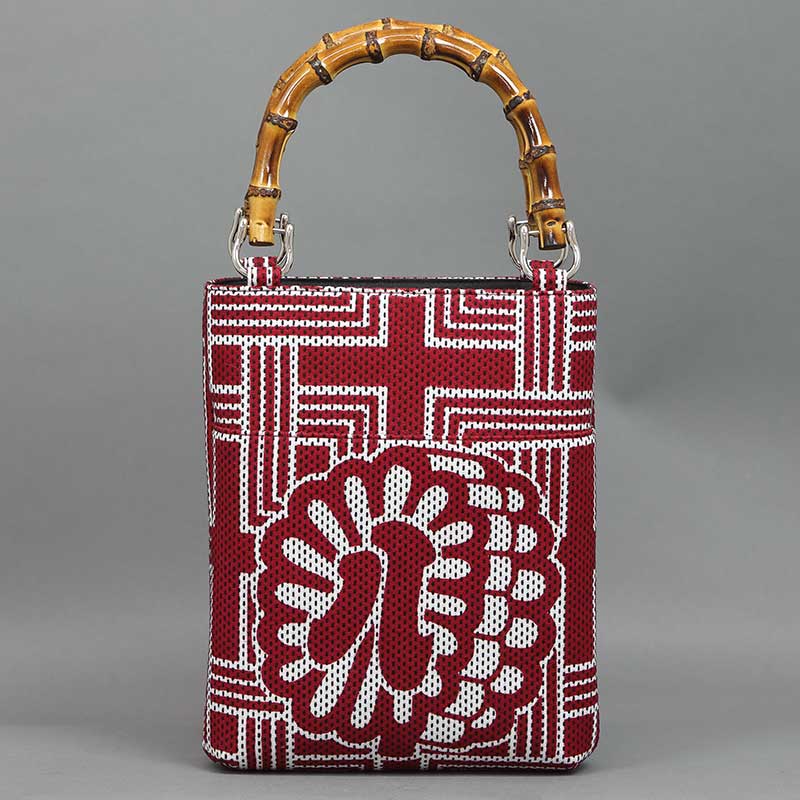 バンブー手提げ【縦型小・外ポケット付｜六弥太格子に纏（刺子赤）】祭