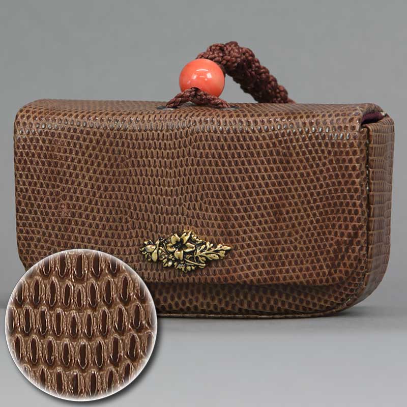 アンティーク　豚の血　ケース　大変貴重なお品です 一本吊-特別仕様・腰下タバコケース【リザード（トカゲ革）茶色】祭