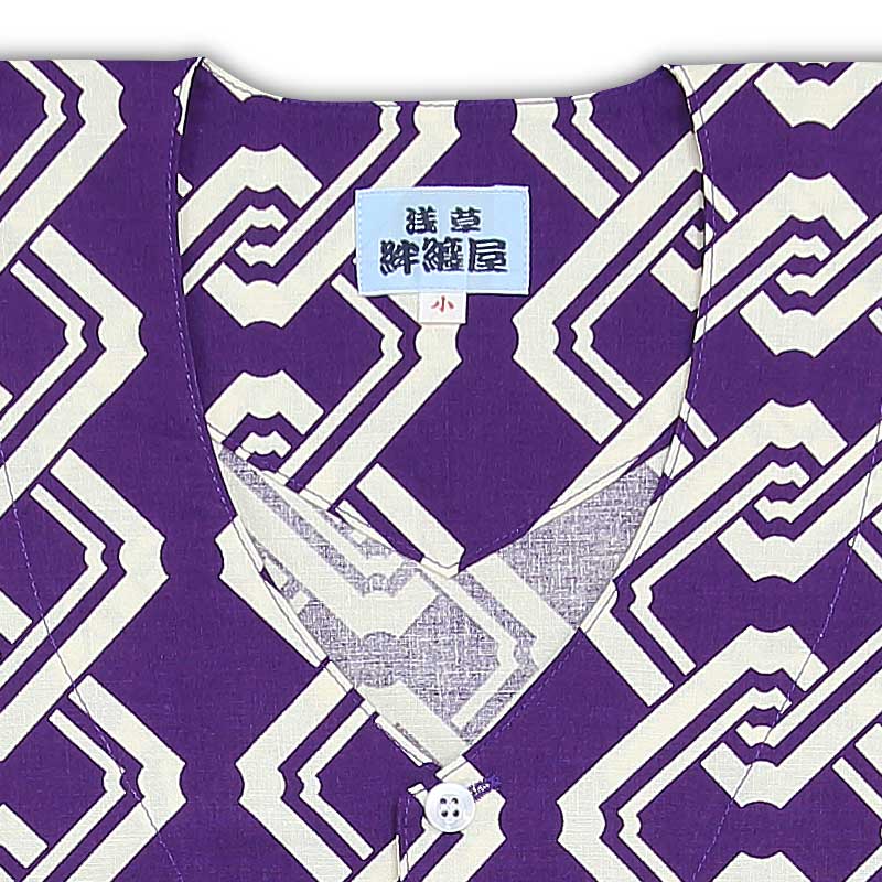 和柄プリント鯉口シャツ《吉原繋ぎ》日本伝統文様（紫）ランダム仕立