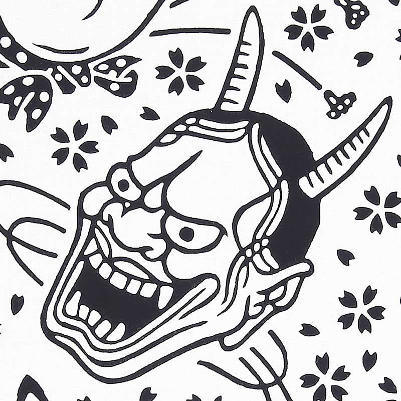 注染手ぬぐい【お面に桜｜白黒】祭用品専門店浅草絆纒屋ネットショップ