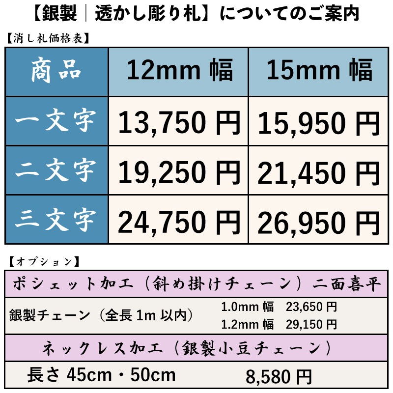 オーダーメイド【銀製｜透かし彫り消し札（枠なし）15ミリ幅（三文字