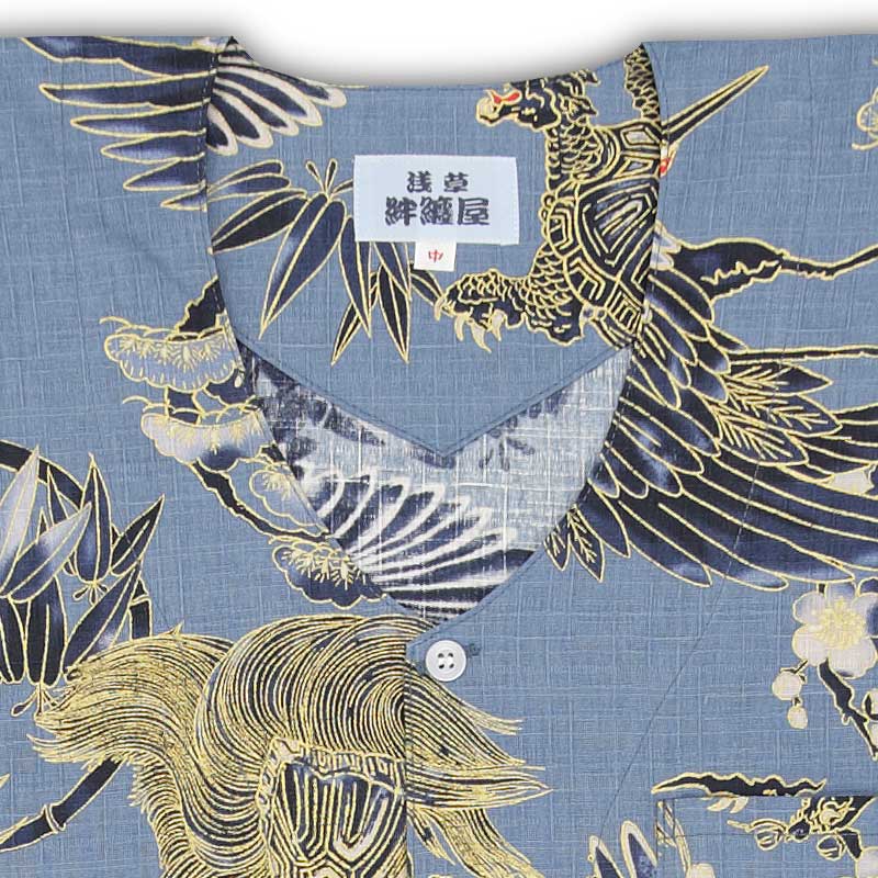 和柄プリント鯉口シャツ【鶴亀紋様｜ドビー織り】青□祭用品専門店浅草