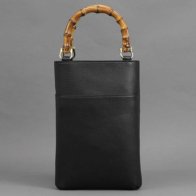 バンブー手提げバッグ「縦型中｜外ポケット付」シボ牛革【黒】祭