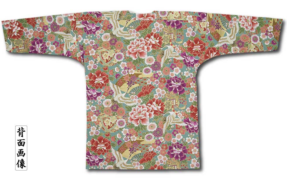 和柄プリント鯉口シャツ【鶴に花扇｜金ラメ・緑】祭用品専門店浅草絆纒