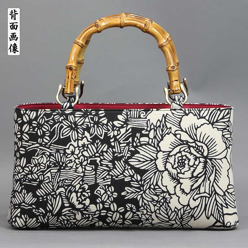 バンブー手提げ【利休・横型｜四季の柄・黒】祭用品専門店浅草絆纒屋