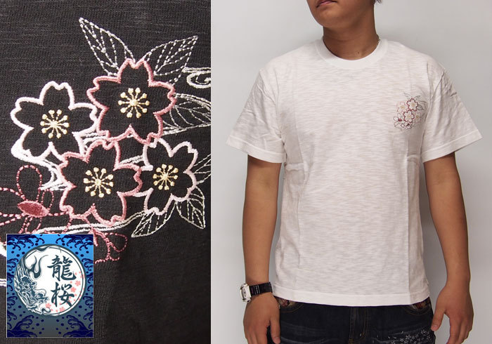 龍桜[ﾘｭｳｵｳ] Japanesque/蝶と花車 刺繍 抜染プリント 和柄Tシャツ/半袖