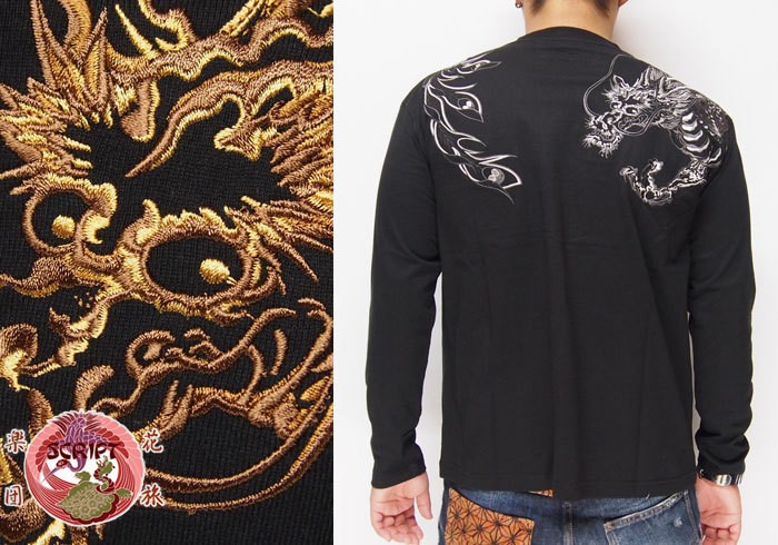 花旅楽団[ﾊﾅﾀﾋﾞｶﾞｸﾀﾞﾝ] 鳳龍柄 刺繍 和柄ロングTシャツ/長袖/ロンT/LTX