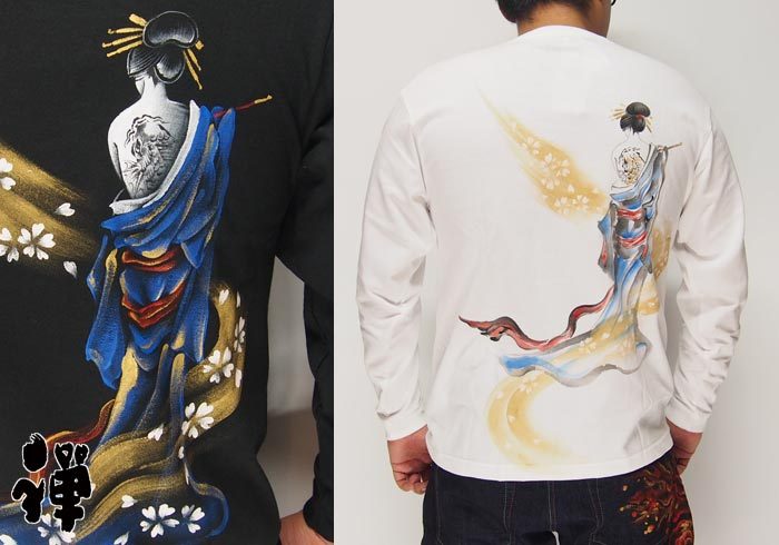 禅[ZEN] 流れ恋櫻 手描き和柄ロングTシャツ/ロンT/長袖/日本製