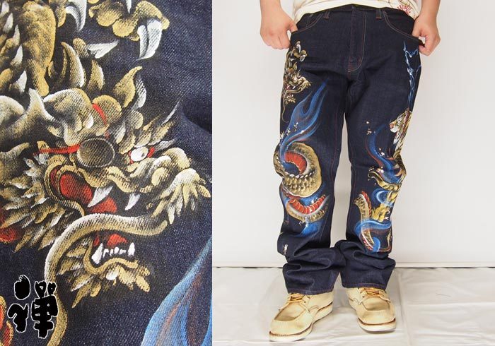 禅ZEN 虎手描き ダークブルーデニムパンツ 手描きデニムパンツ「独眼竜×傾奇者」 禅 和柄 和風