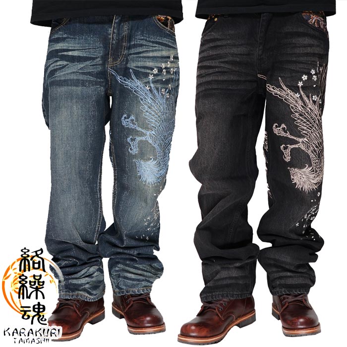 絡繰魂　カラクリダマシイ 和柄刺繍入りデニム　38 大きめサイズ ラベル牛革 絡繰魂 カラクリダマシイ 和柄 ジーンズ デニム メンズ 総刺繍 粋 鳳凰