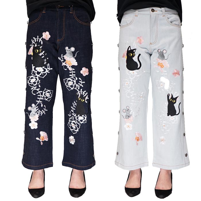 LIN 和柄 ジーンズ デニム レディース ワイドデニムパンツ 黒猫のLamy