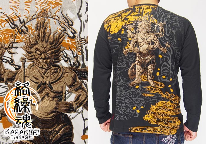 絡繰魂[カラクリダマシイ] 大元帥 怒りの相 刺繍 和柄ロングTシャツ