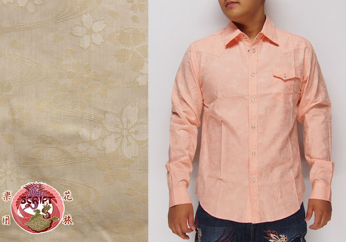 花旅楽団[ハナタビガクダン] 桜流水ジャガード 和柄長袖シャツ/SLS-501/送料 花旅楽団[ﾊﾅﾀﾋﾞｶﾞｸﾀﾞﾝ] 桜流水ジャガード 和柄長袖シャツ/SLS-501/送料