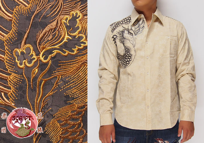 花旅楽団[ハナタビガクダン] 鳳凰刺繍 桜流水ジャガード 和柄長袖シャツ/SLS 花旅楽団[ﾊﾅﾀﾋﾞｶﾞｸﾀﾞﾝ] 鳳凰刺繍 桜流水ジャガード 和柄長袖シャツ/SLS