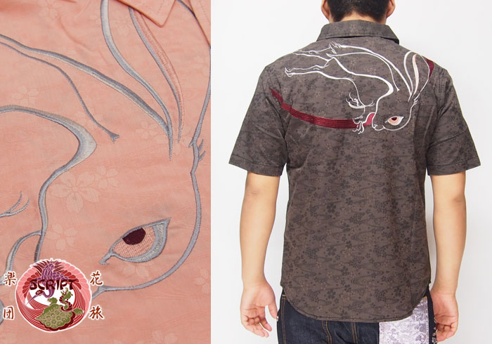 花旅楽団[ハナタビガクダン] 月兎刺繍 桜流水ジャガード 和柄半袖シャツ/SJS 花旅楽団[ﾊﾅﾀﾋﾞｶﾞｸﾀﾞﾝ] 月兎刺繍 桜流水ジャガード 和柄半袖シャツ/SJS