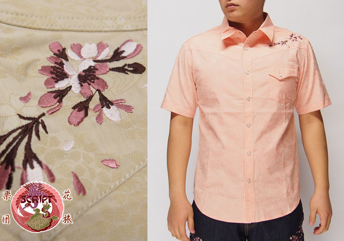 花旅楽団[ハナタビガクダン] 葉桜刺繍 桜流水ジャガード 和柄半袖シャツ/SJS 花旅楽団[ﾊﾅﾀﾋﾞｶﾞｸﾀﾞﾝ] 葉桜刺繍 桜流水ジャガード 和柄半袖シャツ/SJS