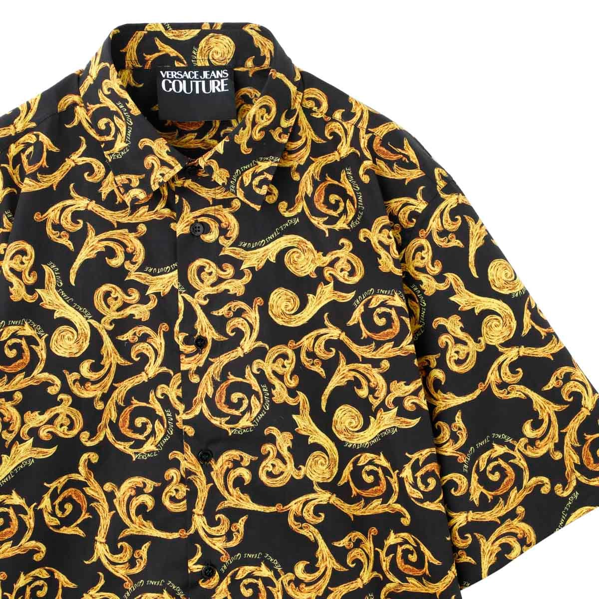 美品　ヴェルサーチ　半袖シャツ　VERSACE　ロゴボタン　エポレット　黒　56 アウトレット】VERSACE JEANS COUTURE ヴェルサーチェ 半袖