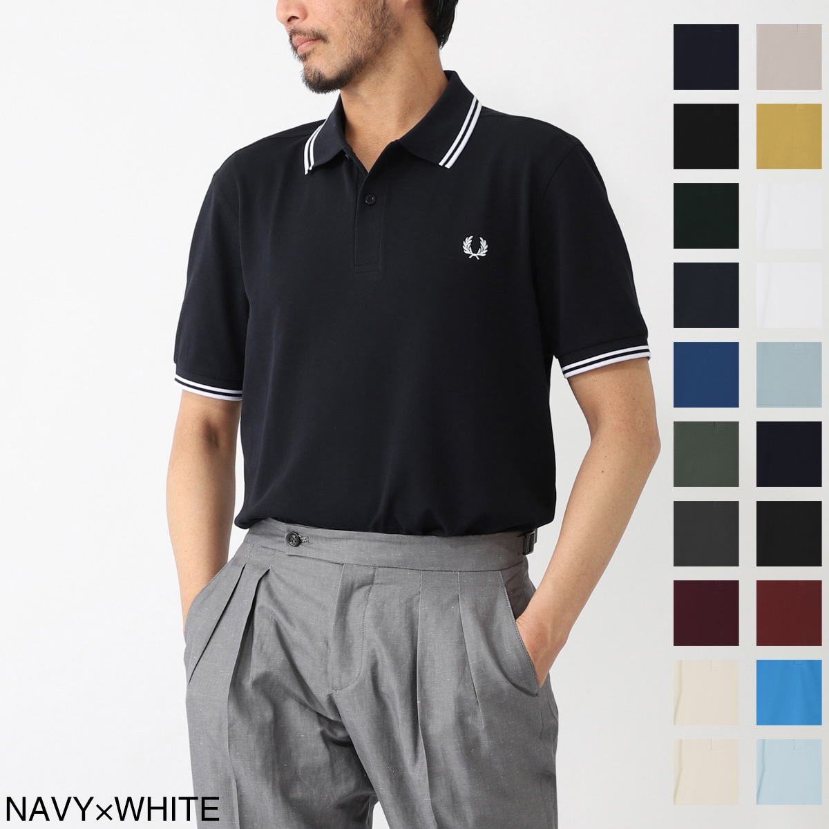 『FRED PERRY』　ポロシャツ　M3600 刺繍ロゴ　ネイビー　【M】 M3600 - Navy / Mint Blue / Mint Blue | The Fred Perry Shirt