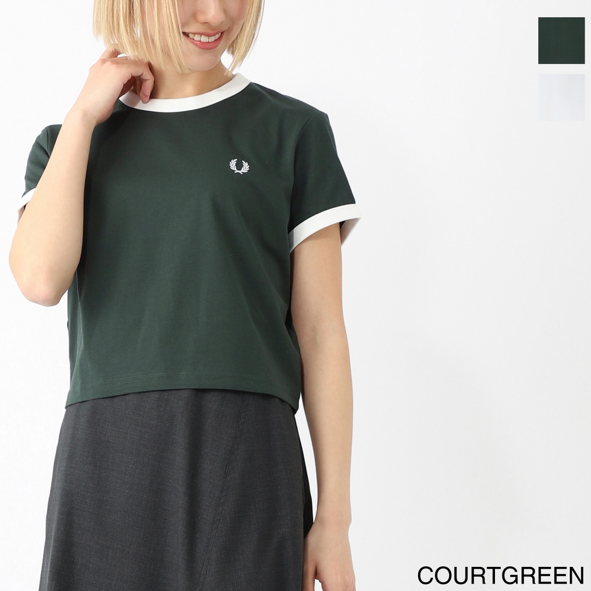【アウトレット】【ラスト1点】FRED PERRY フレッドペリー クルーネックTシャツ/CROPPED RINGER T-SHIRT レディース