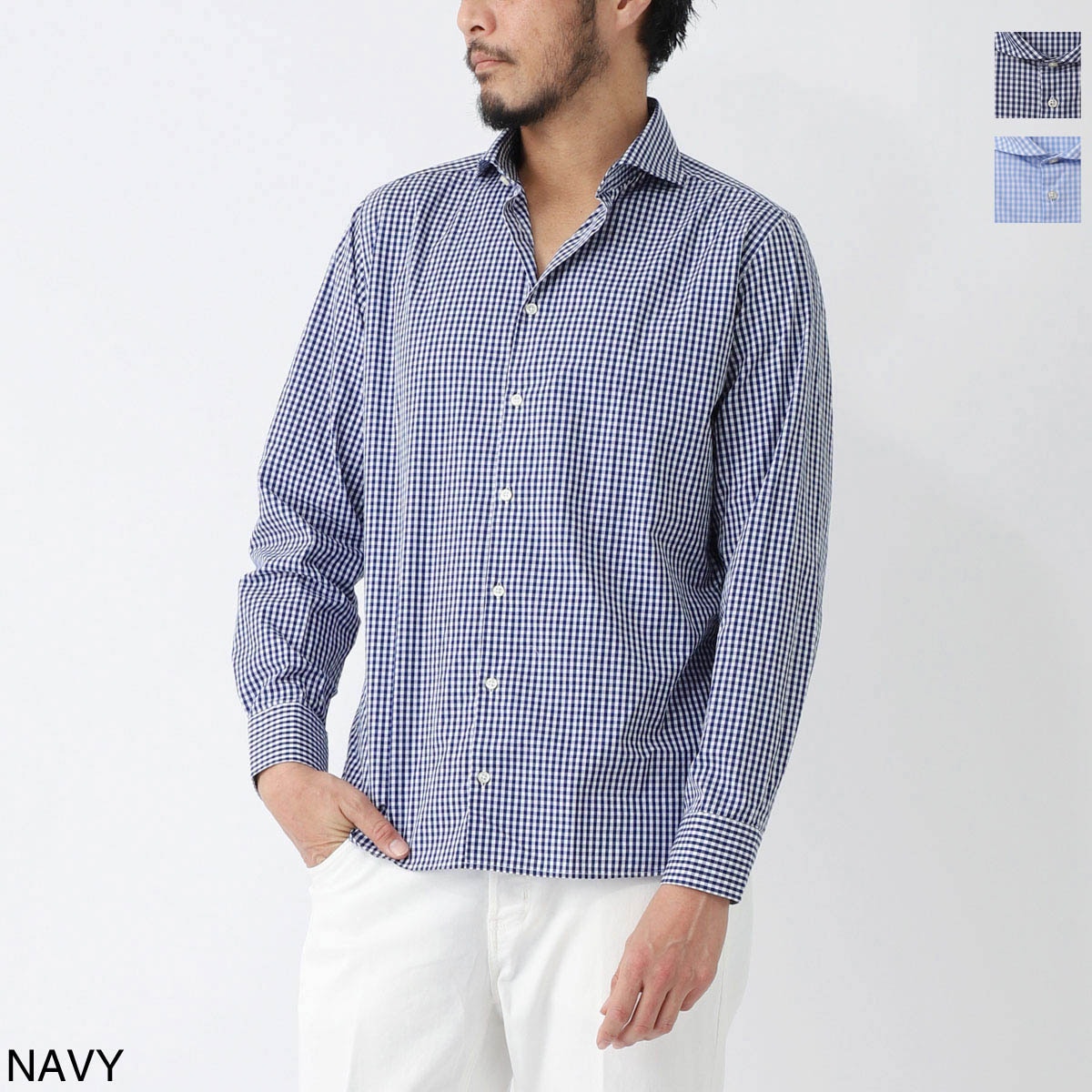 【アウトレット】GUY ROVER ギローバー ギンガムチェック ホリゾンタルカラーシャツ/総柄シャツ/WASH メンズ
