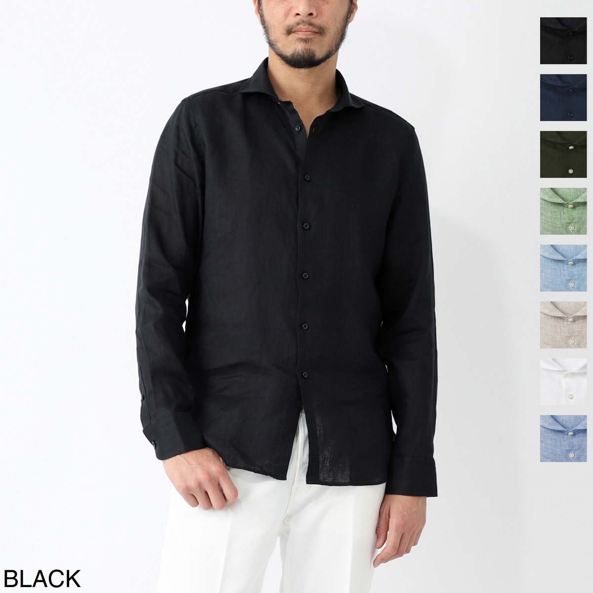 【良品】GUY ROVER ギローバー ワイドカラーシャツ ブラック GUY ROVER ギローバー リネンシャツ/ホリゾンタルカラーシャツ