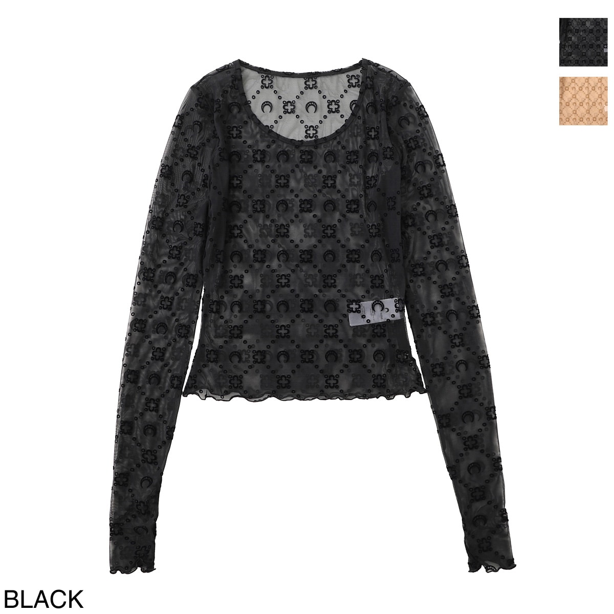 MARINE SERRE マリーン セル クルーネック長袖カットソー/MOONOGRAM MESH FLOCK LS CROPPED TOP ムーングラム クロップド丈 レディース