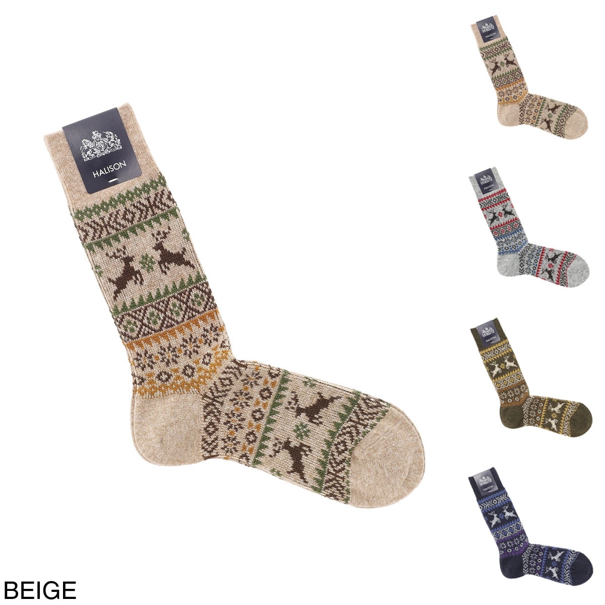 『ネコポス対応(2点まで)』HALISON ハリソン 靴下/ソックス/メリノウール混 トナカイ柄ソックス 相当サイズ:25～27cm メンズ